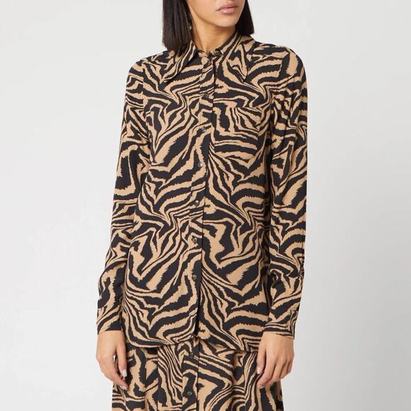 Ganni Zebra Printed Crepe Shirt Long Sleeve Button Up - 34 Tannin - Picture 2 of 5